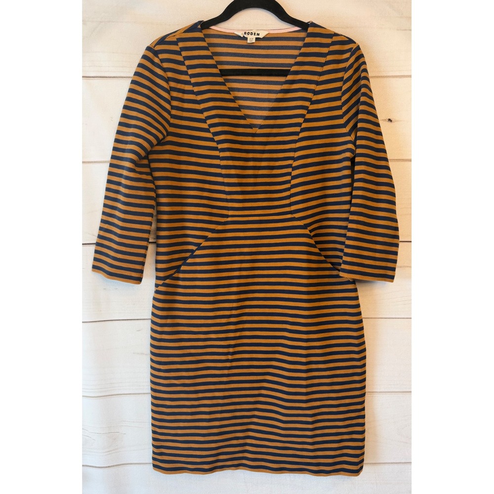 Boden Ottilie Dress Navy Gold Striped V-Neck 3/4 Sleeve Ottoman Rib D1044 10R